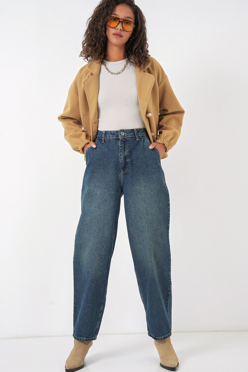 Merterium 6688 Kadın Yüksek Bel Baggy Kot Pantolon - İndigo