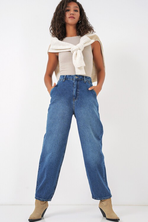 Merterium 6688 Kadın Yüksek Bel Baggy Kot Pantolon - Lacivert