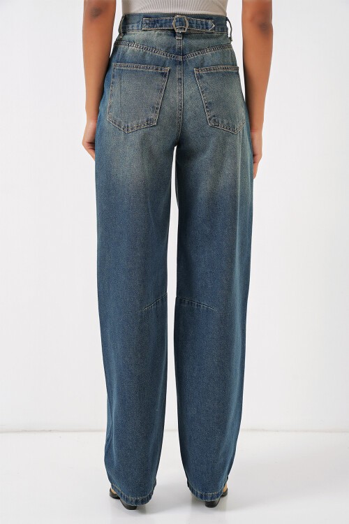 Merterium 6689 Kadın Yüksek Bel Baggy Kot Pantolon - İndigo