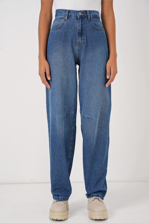 Merterium 6689 Kadın Yüksek Bel Baggy Kot Pantolon - Lacivert