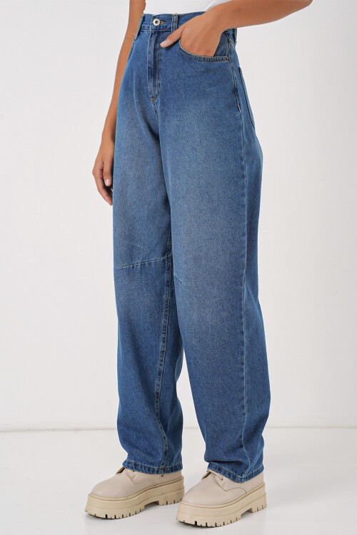 Merterium 6689 Kadın Yüksek Bel Baggy Kot Pantolon - Lacivert