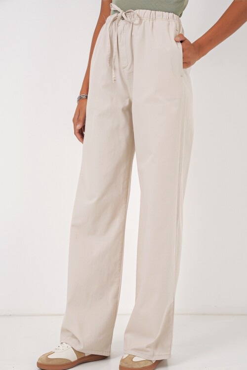 Merterium 6690 Kadın Bol Paça Yüksek Bel Pantolon - Krem