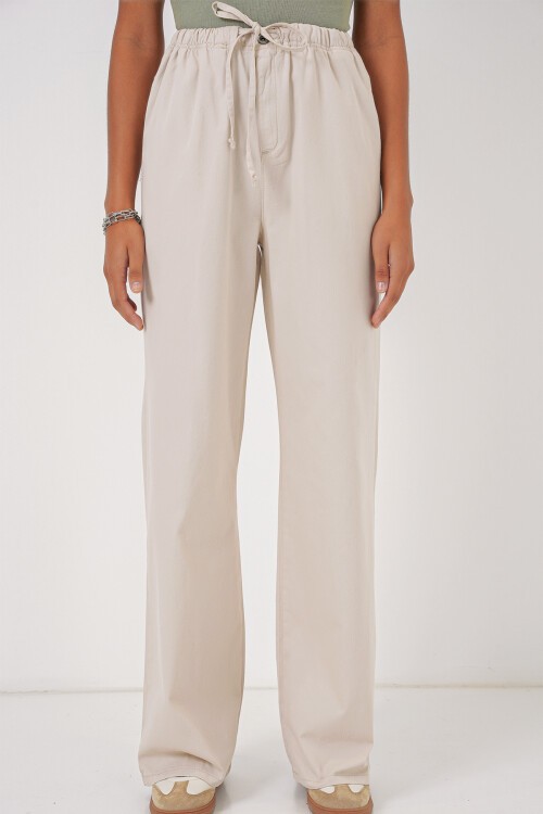 Merterium 6690 Kadın Bol Paça Yüksek Bel Pantolon - Krem