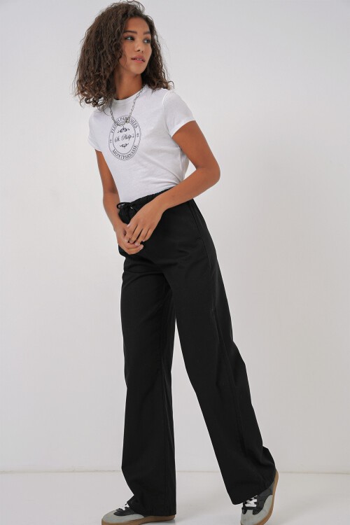 Merterium 6690 Kadın Bol Paça Yüksek Bel Pantolon - Siyah
