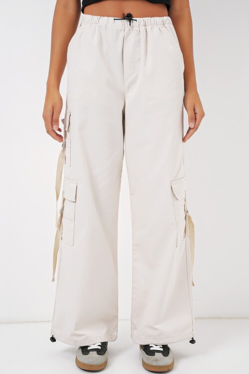 Merterium 6691 Geniş Paça Kargo Pantolon - Ekru