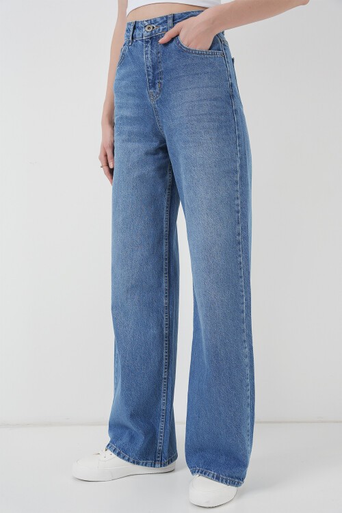 Merterium 6702 Kadın Bol Paça Yüksek Bel Palazzo Kot Pantolon - Lacivert