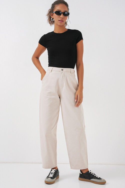 Merterium 6703 Yüksek Bel Kot Pantolon - Ekru