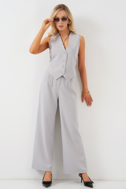 Merterium 6709 Kadın Yelek Pantolon İkili Takım - Gri