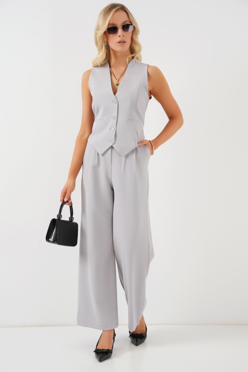 Merterium 6709 Kadın Yelek Pantolon İkili Takım - Gri