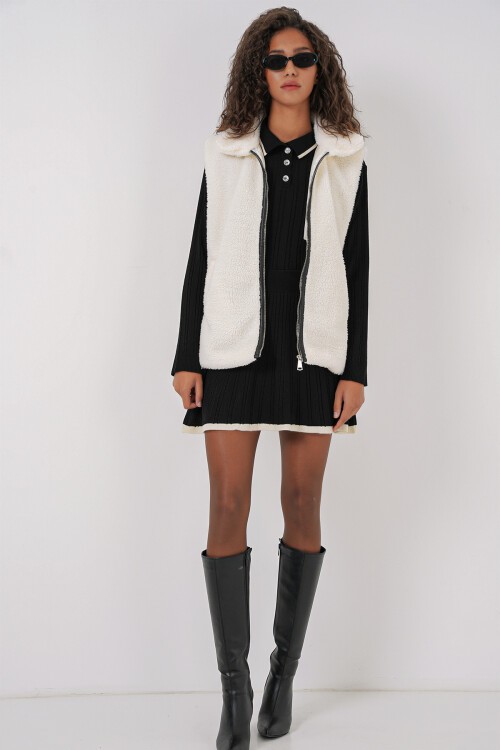 Merterium 6793 Peluş Yelek - Beyaz