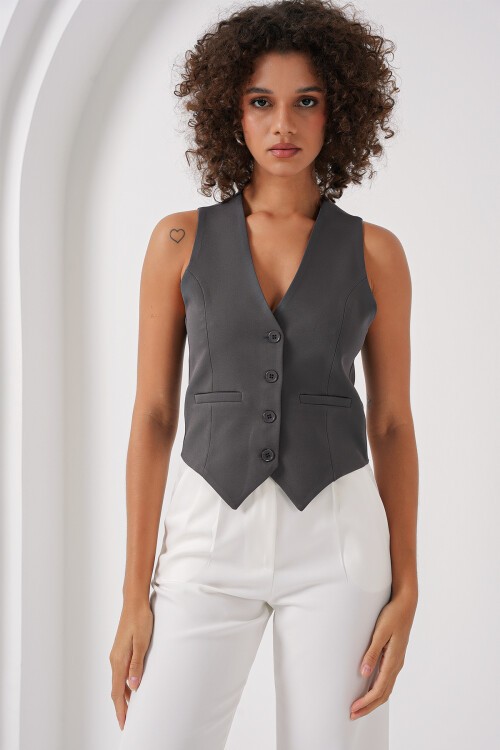 Merterium 6796 Kısa Dokuma Yelek - Füme