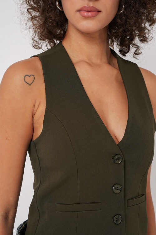 Merterium 6796 Kısa Dokuma Yelek - Haki