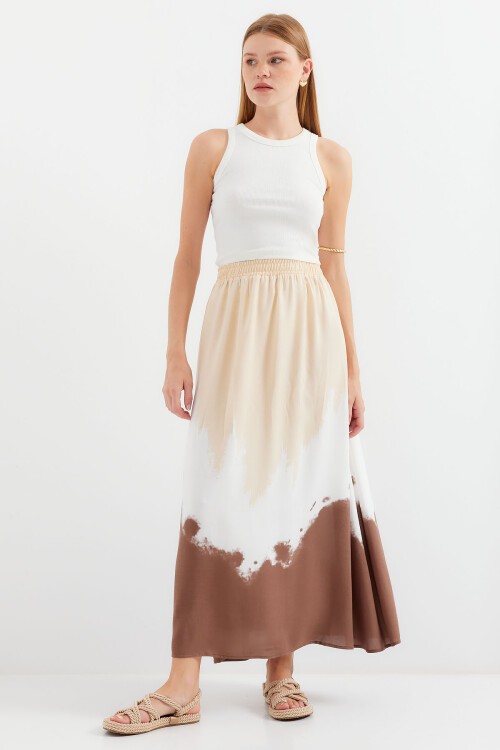 Merterium 8025 Desenli Uzun Viskon Etek - Bej