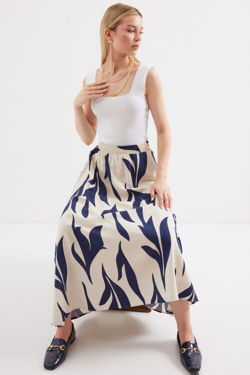 Merterium 8028 Desenli Uzun Etek - Lacivert