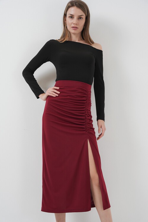 Merterium 8033 Sandy Yırtmaçlı Etek - Bordo