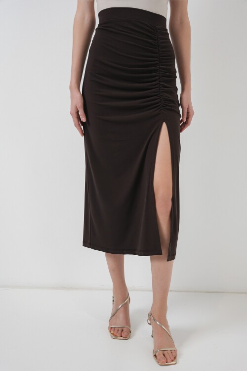 Merterium 8033 Sandy Yırtmaçlı Etek - Kahverengi