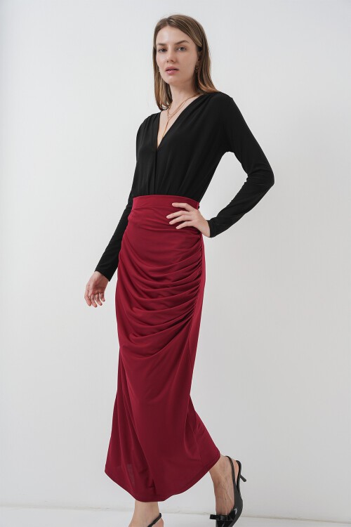 Merterium 8035 Büzgülü Midi Etek - Bordo