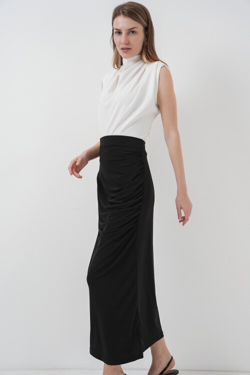 Merterium 8035 Büzgülü Midi Etek - Siyah
