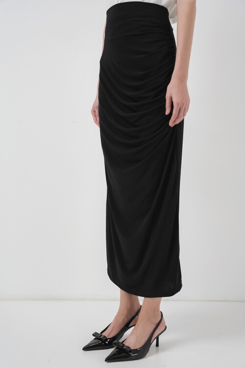 Merterium 8035 Büzgülü Midi Etek - Siyah