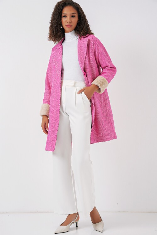 Merterium 9085 Balık Sırtı Kaşe Kaban - A.Fuşya