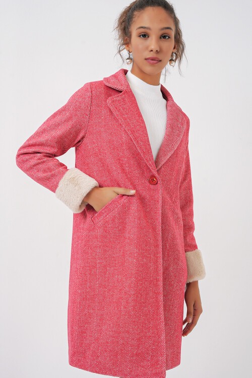 Merterium 9085 Balık Sırtı Kaşe Kaban - B.Kırmızı