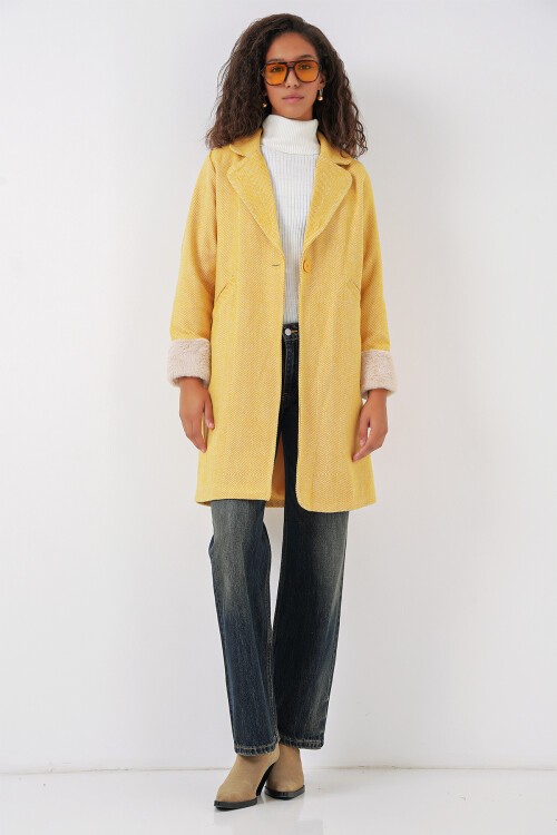 Merterium 9085 Balık Sırtı Kaşe Kaban - B.Sarı