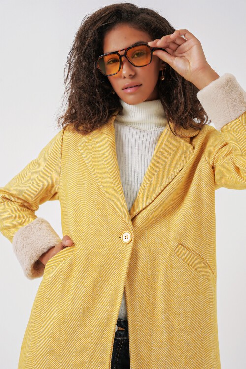 Merterium 9085 Balık Sırtı Kaşe Kaban - B.Sarı