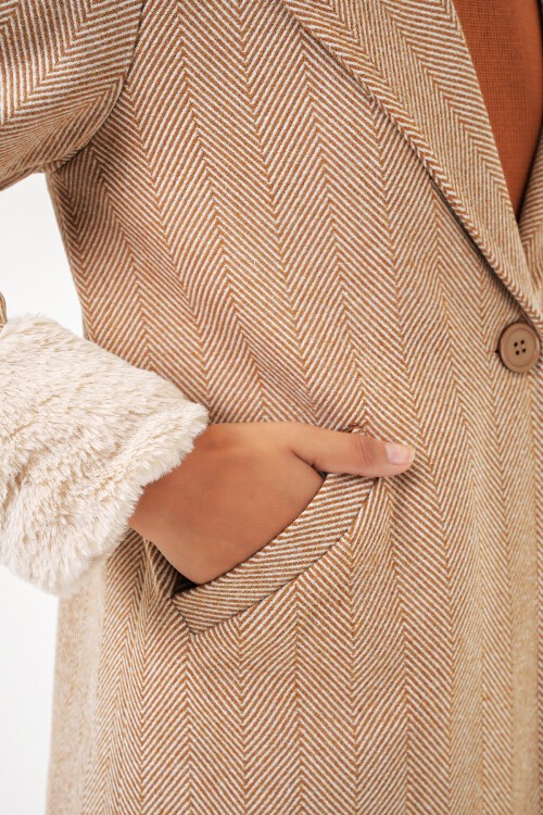 Merterium 9085 Balık Sırtı Kaşe Kaban - Camel