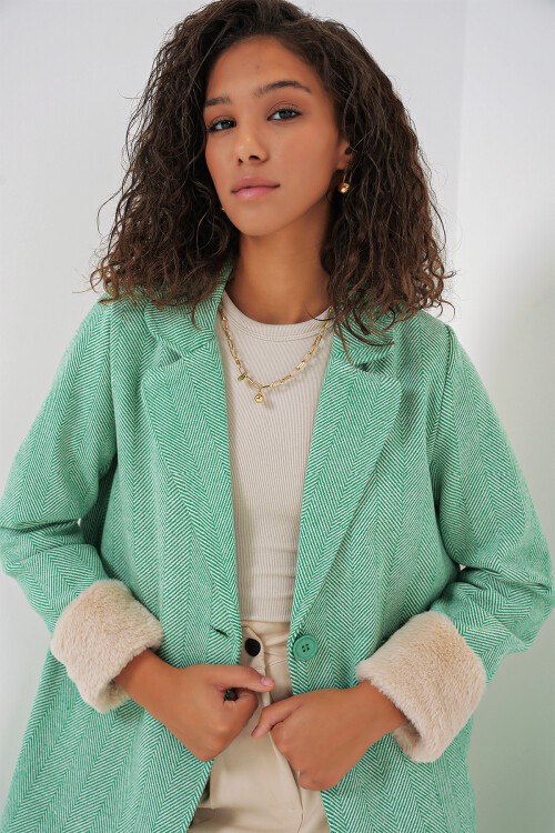 Merterium 9085 Balık Sırtı Kaşe Kaban - E.Yeşil