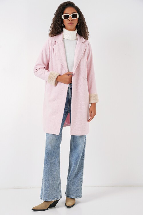 Merterium 9085 Balık Sırtı Kaşe Kaban - Pudra