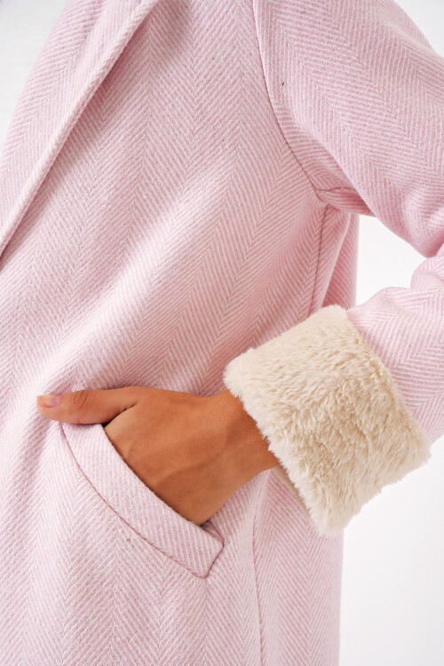 Merterium 9085 Balık Sırtı Kaşe Kaban - Pudra