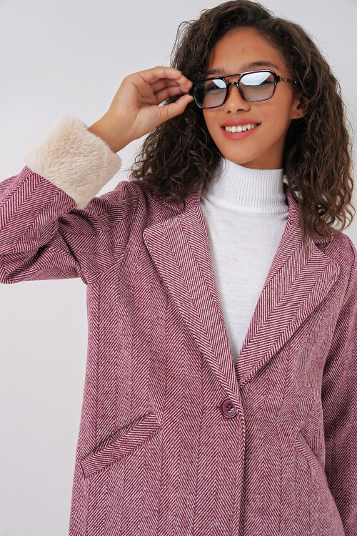 Merterium 9085 Balık Sırtı Kaşe Kaban - Y.Bordo