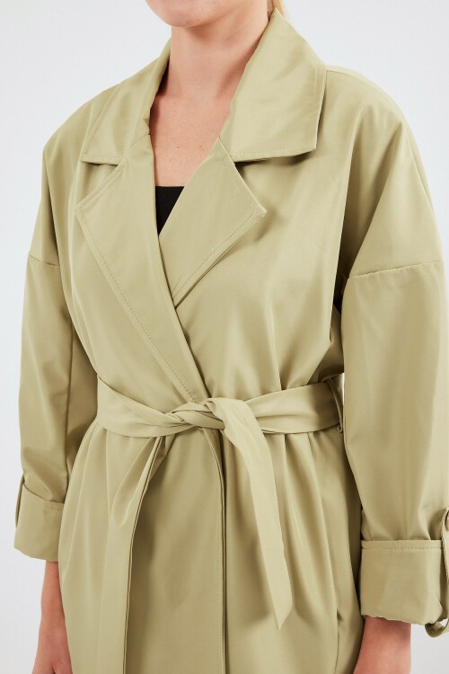 Merterium 9104 Kruvaze Yaka Astarlı Trençkot - Yağ Yeşil