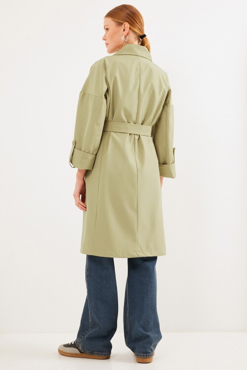Merterium 9104 Kruvaze Yaka Astarlı Trençkot - Yağ Yeşil