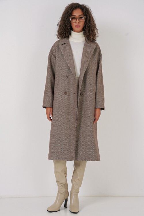 Merterium 9113 Oversize Geniş Kesim Yünlü Uzun Kaşe Kaban - A.Kahve