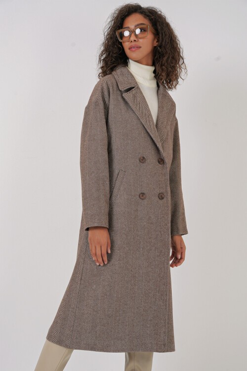 Merterium 9113 Oversize Geniş Kesim Yünlü Uzun Kaşe Kaban - A.Kahve