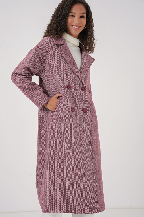 Merterium 9113 Oversize Geniş Kesim Yünlü Uzun Kaşe Kaban - Bordo