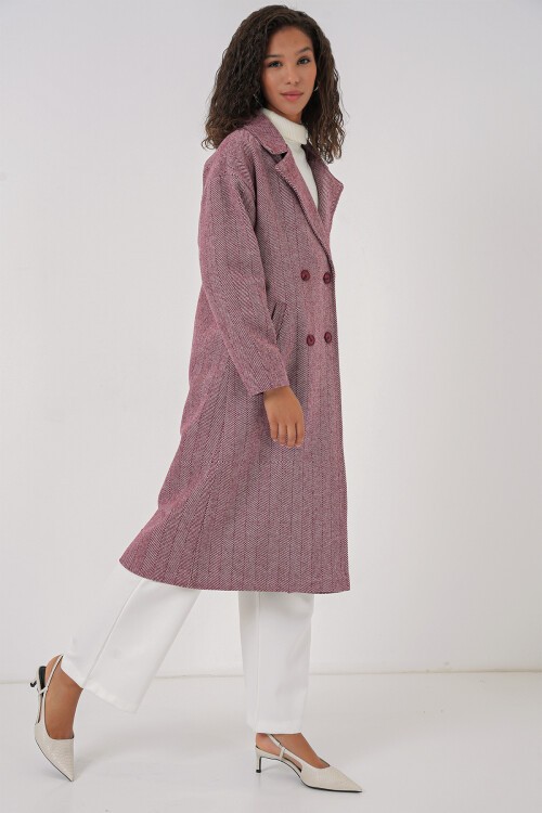 Merterium 9113 Oversize Geniş Kesim Yünlü Uzun Kaşe Kaban - Bordo