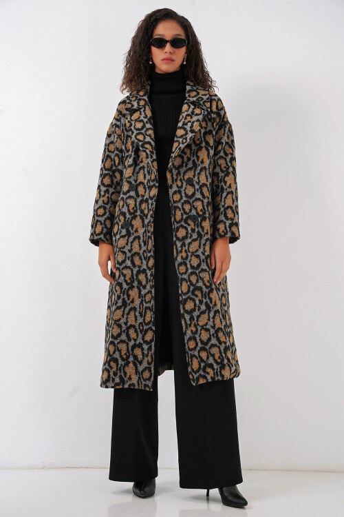 Merterium 9113 Oversize Geniş Kesim Yünlü Uzun Kaşe Kaban - C. Kahverengi