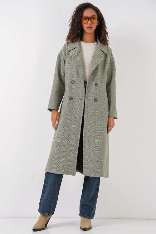 Merterium 9113 Oversize Geniş Kesim Yünlü Uzun Kaşe Kaban - Çağla