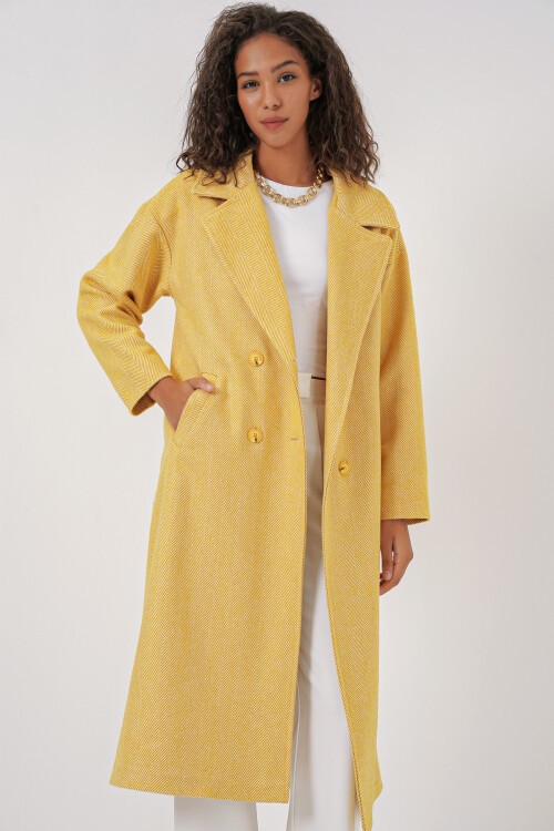 Merterium 9113 Oversize Geniş Kesim Yünlü Uzun Kaşe Kaban - Sarı