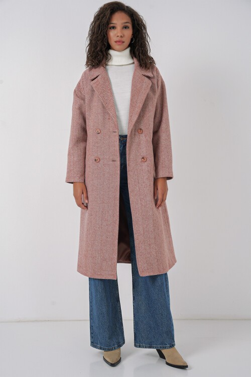 Merterium 9113 Oversize Geniş Kesim Yünlü Uzun Kaşe Kaban - Somon