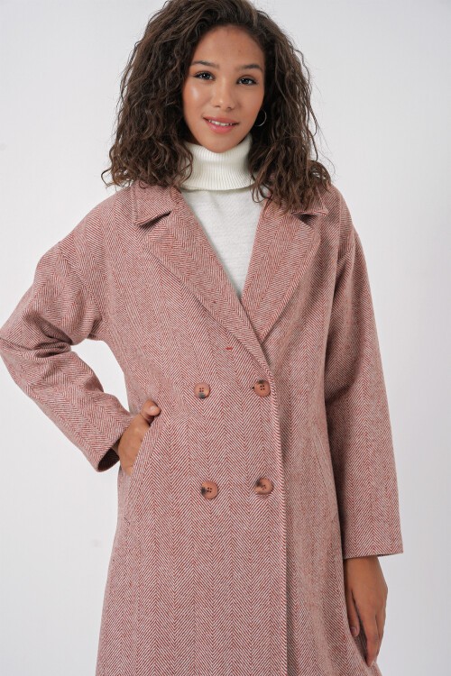 Merterium 9113 Oversize Geniş Kesim Yünlü Uzun Kaşe Kaban - Somon