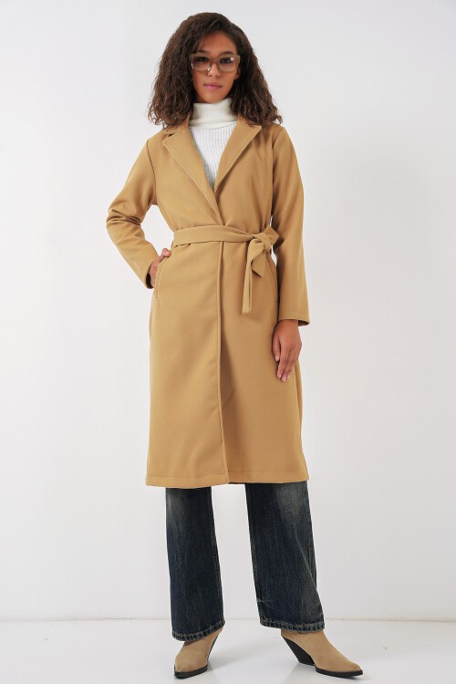 Merterium 9118 Kruvaze Yaka Kaşe Kaban - Hardal