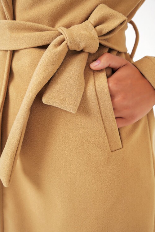 Merterium 9118 Kruvaze Yaka Kaşe Kaban - Hardal