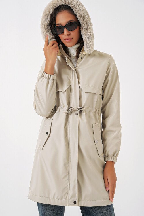 Merterium 9129 Kapüşonlu Suni Kürklü Kaban - Taş