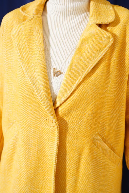 Merterium 9145 Kadın Kolları Tüylü Balık Sırtı Kaşe Kaban - Sarı