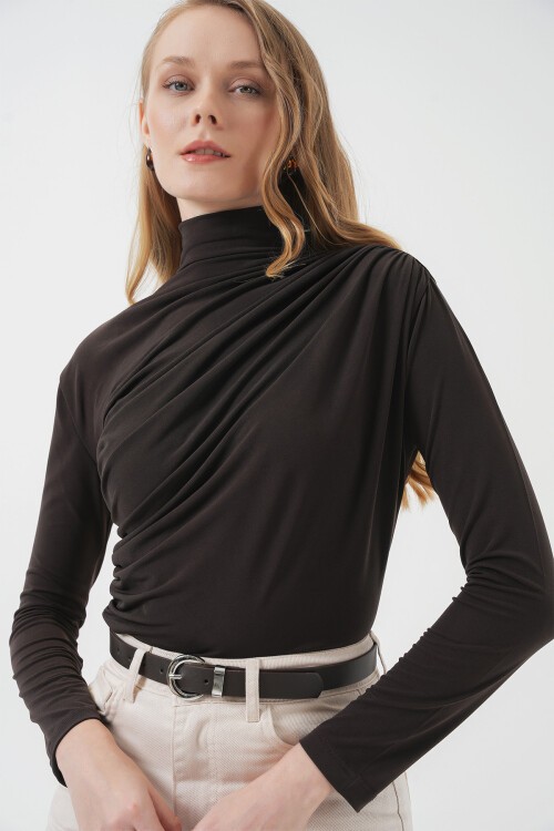 Merterium 925 Büzgü Detaylı Sandy Bluz - Kahverengi