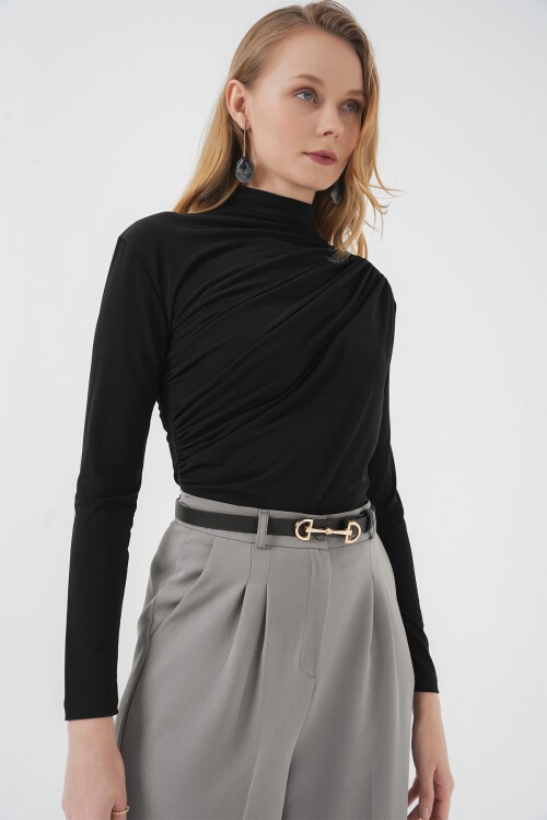 Merterium 925 Büzgü Detaylı Sandy Bluz - Siyah