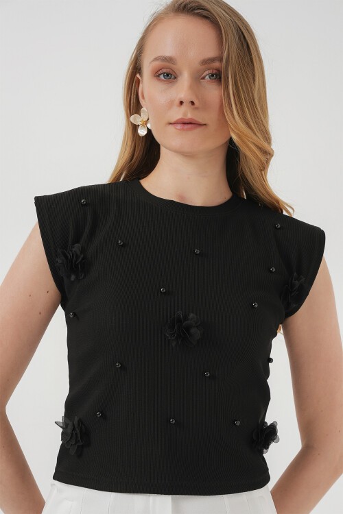 Merterium 929 Kısa Kol Örme Bluz - Siyah